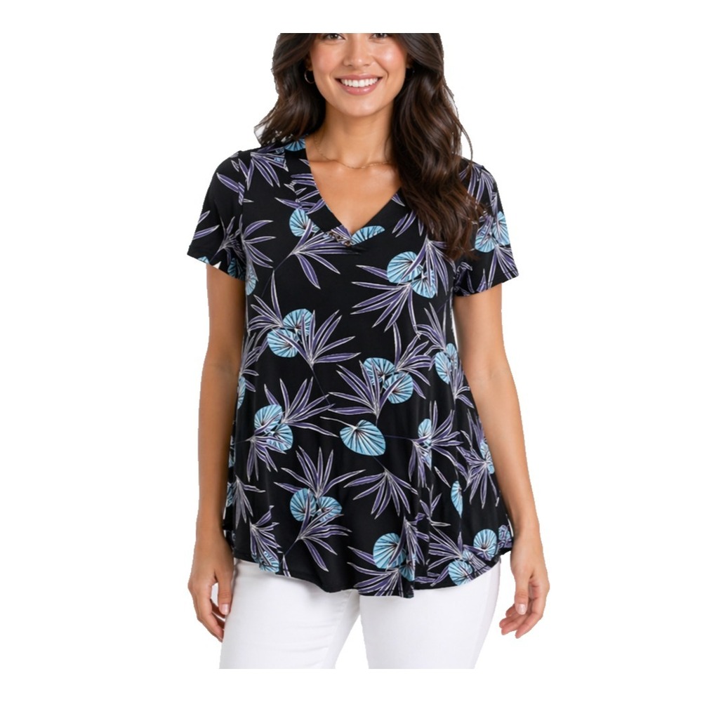 Monnuro Tunic Top Womens 3X Casual Summer Loose Short Sleeve Vneck Floral‎ Palm